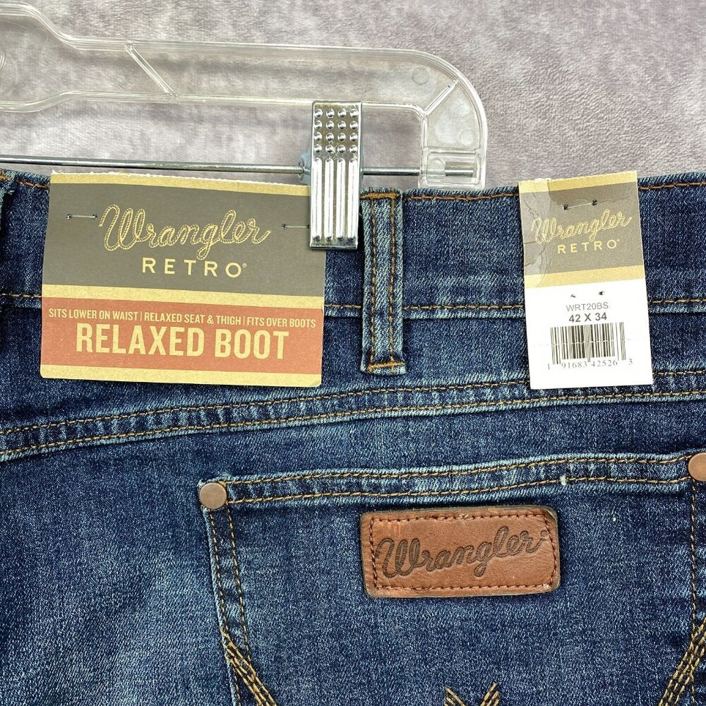 Wrangler Retro  Relaxed Boot Cut Jeans Mens 42x34 Blue Dark Faded Wash New NWT - Picture 8 of 13